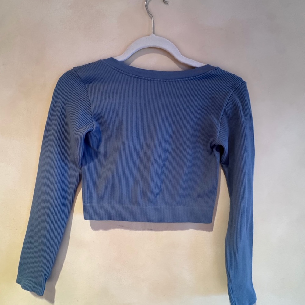 ZARA Blue Ribbed Hook Front Crop Top Long Sleeve